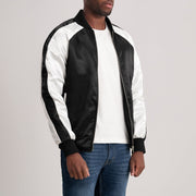 
Black & White Satin Varsity Jacket - 展现肩线贴合与利落下摆的背部视角