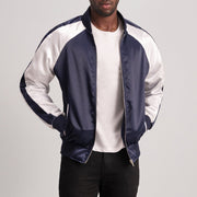 Clarke Blue Varsity 真皮夹克 男士 - Lateral Side Profile View Showing Sleeve Cut &amp; Athletic Taper Fit