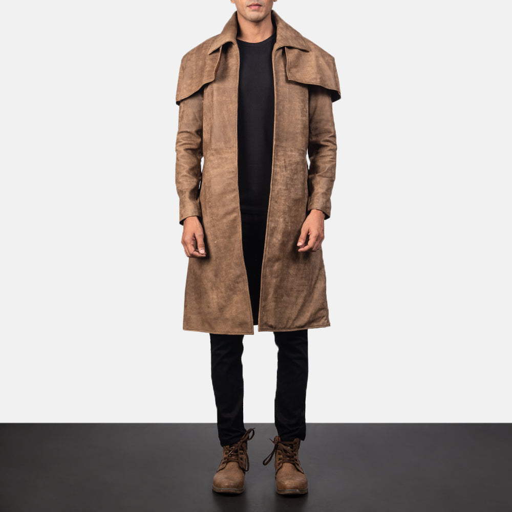 
Classic 复古棕 Leather Duster 男士 in Distressed Brown Sheepskin Snuffed - 正面版型与定制立体剪裁轮廓 | 官方商城选购