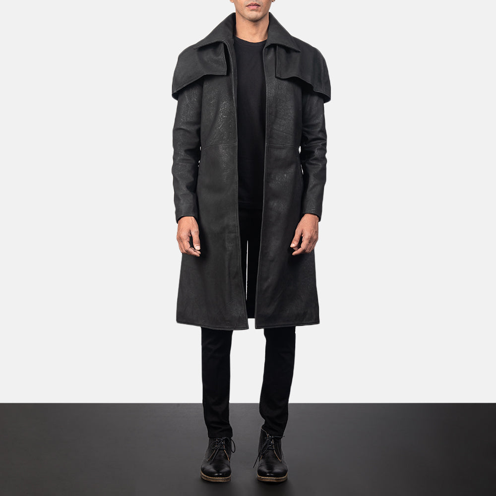 Men's Classic Distressed 黑色 Leather Duster 男士 in Distressed Black Sheepskin Snuffed - Front Profile View &amp; Tailored Silhouette | Buy Online