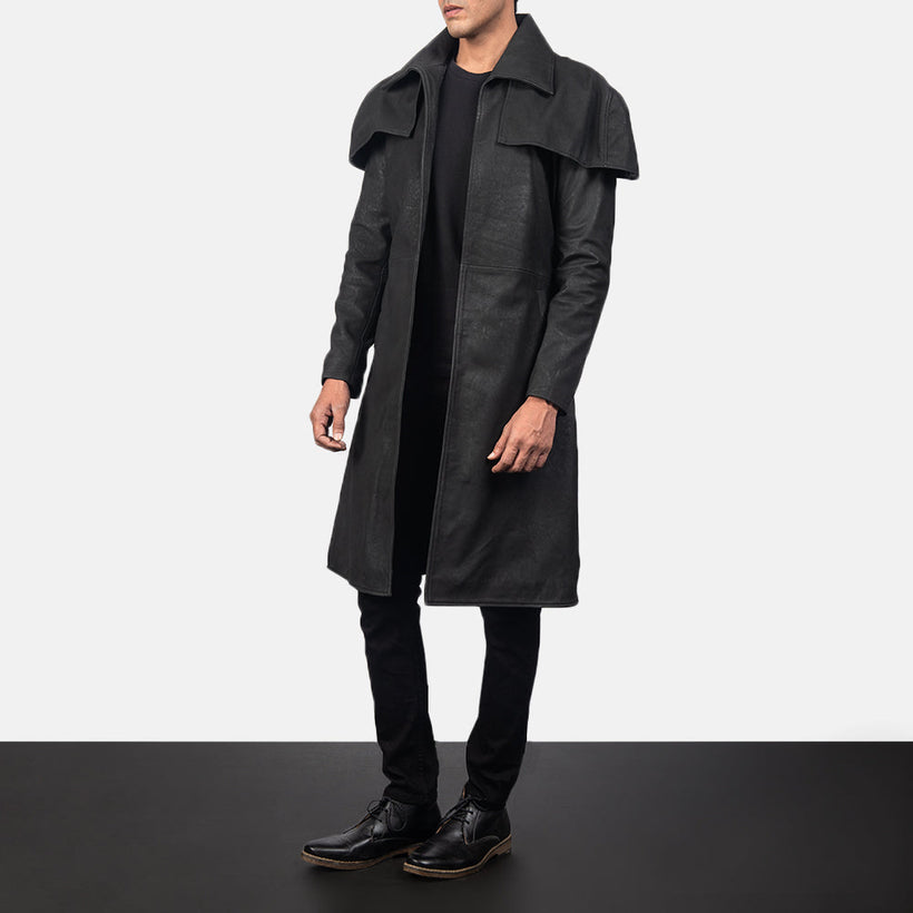 Classic Distressed 黑色 Leather Duster 男士