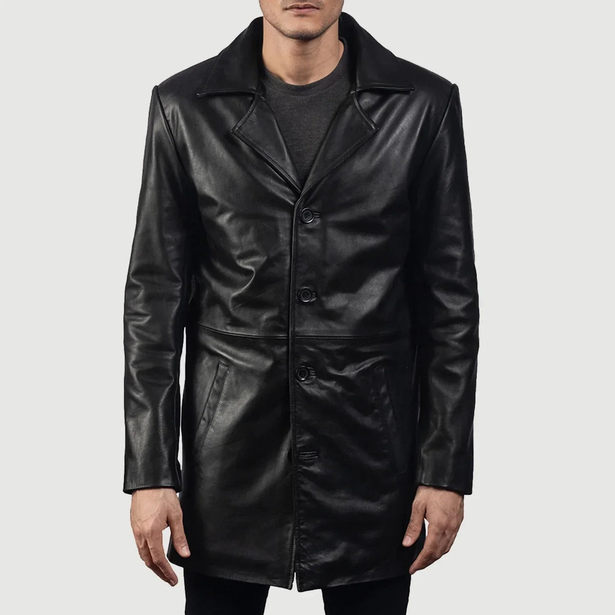 Men's Classmith Black Leather Coat - Lateral Side Profile View Showing Sleeve Cut &amp; Athletic Taper Fit