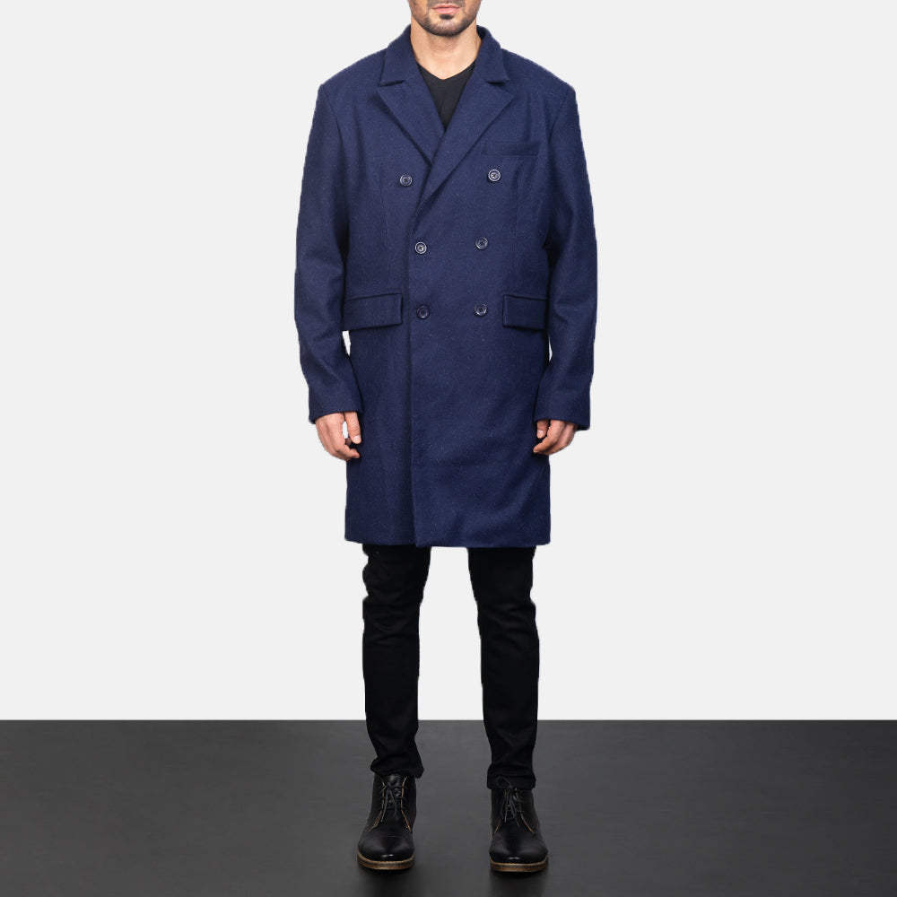 Men's Blue Wool Double Breasted Coat - Lateral Side Profile View Showing Sleeve Cut &amp; Athletic Taper Fit