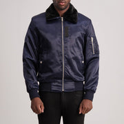 Clyde B-15 Blue 真皮飞行员夹克 男士 in Blue Satin - Front Profile View &amp; Tailored Silhouette | Buy Online
