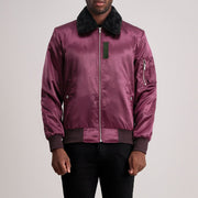 Clyde B-15 Maroon 真皮飞行员夹克 男士 in Maroon Satin - Front Profile View &amp; Tailored Silhouette | Buy Online