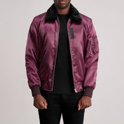 Clyde B-15 Maroon 真皮飞行员夹克 男士 - Lateral Side Profile View Showing Sleeve Cut &amp; Athletic Taper Fit