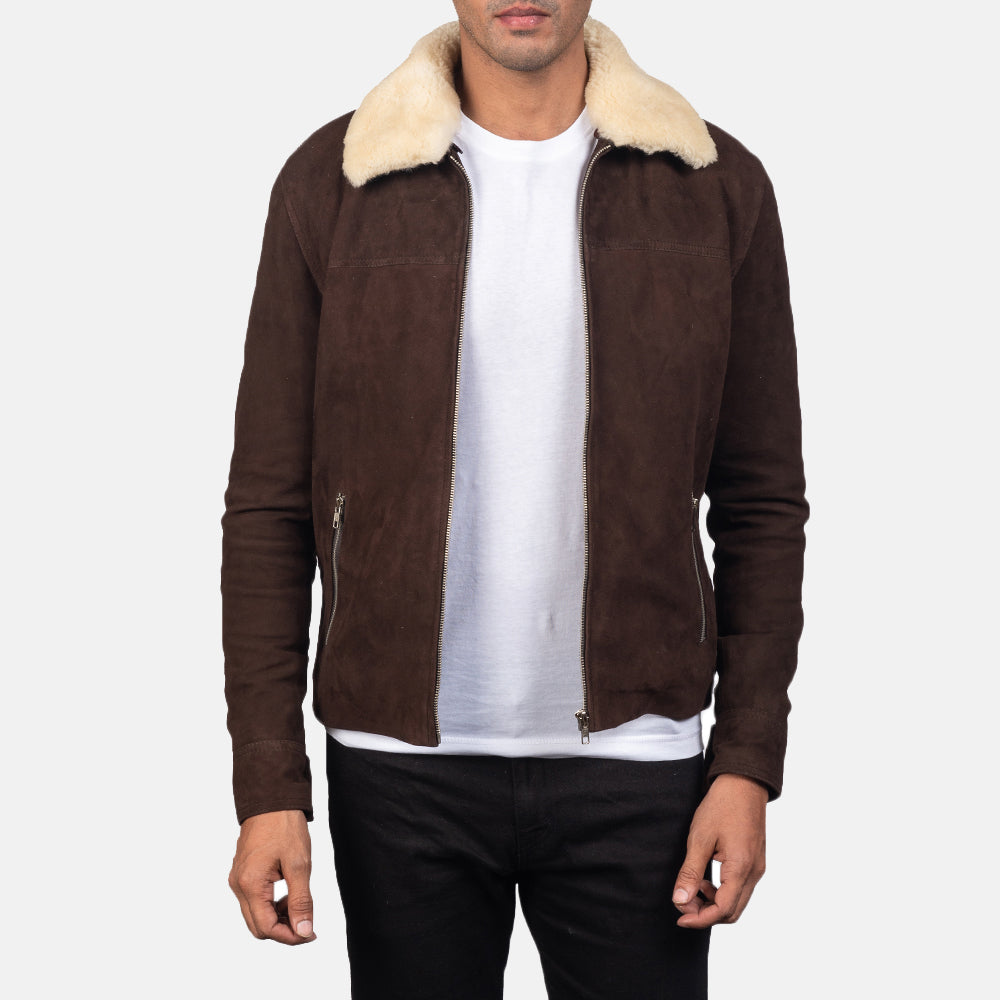 Men's Coffner 棕色 Shearling Fur 真皮夹克 男士 in Distressed Brown Goatskin Suede - Front Profile View &amp; Tailored Silhouette | Buy Online