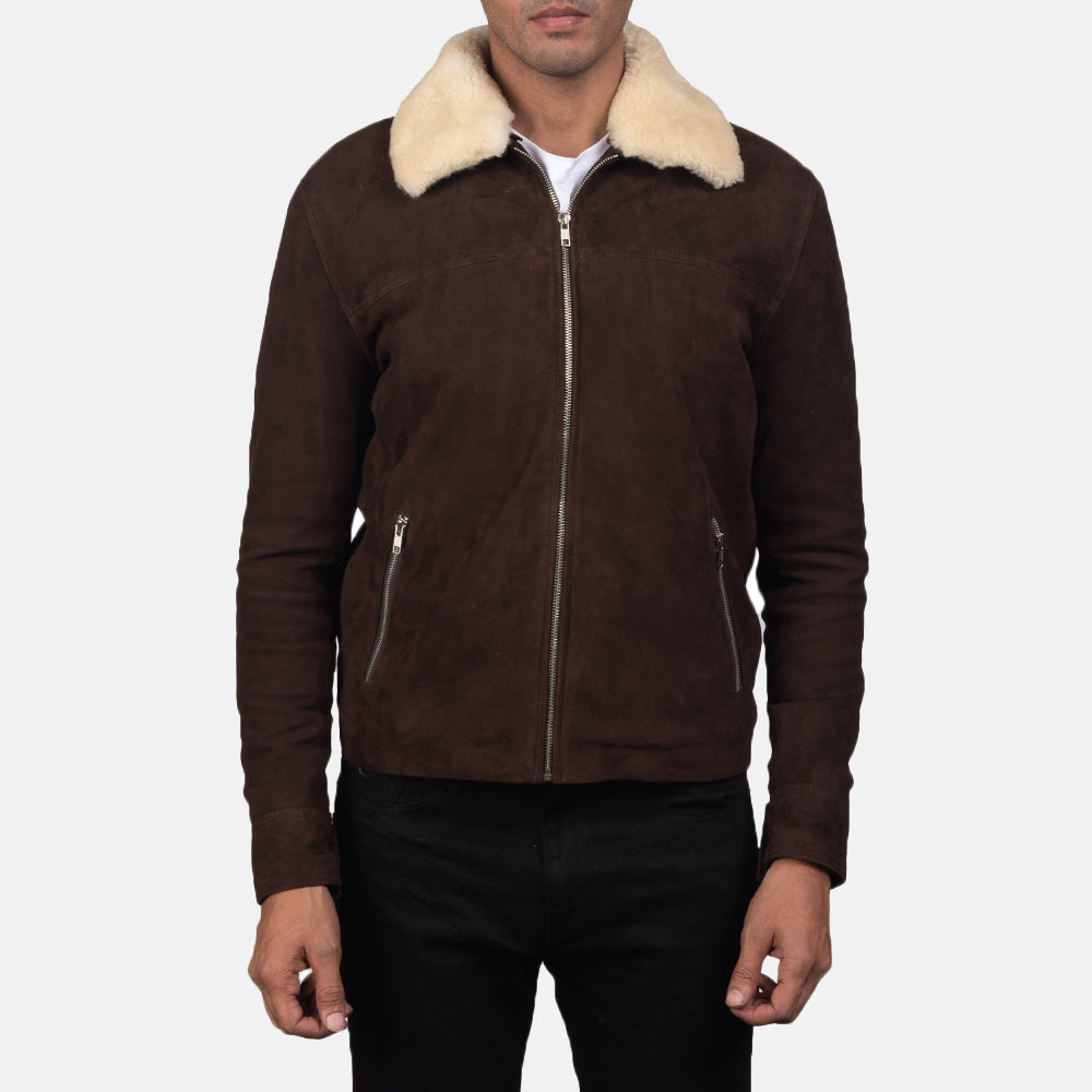 Close-Up Detail of Shirt with Removable Fur Collar &amp; Zipper Hardware on Men's Coffner 棕色 Shearling Fur 真皮夹克 男士