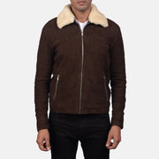 Close-Up Detail of Shirt with Removable Fur Collar &amp; Zipper Hardware on Men's Coffner 棕色 Shearling Fur 真皮夹克 男士