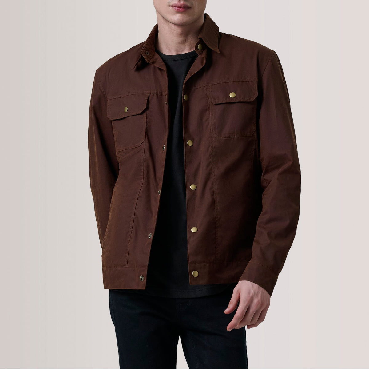
Colberto 复古棕 Waxed Canvas Trucker 真皮夹克 男士 For Men in Brown Waxed Cotton Canvas - 正面版型与定制立体剪裁轮廓 | 官方商城选购