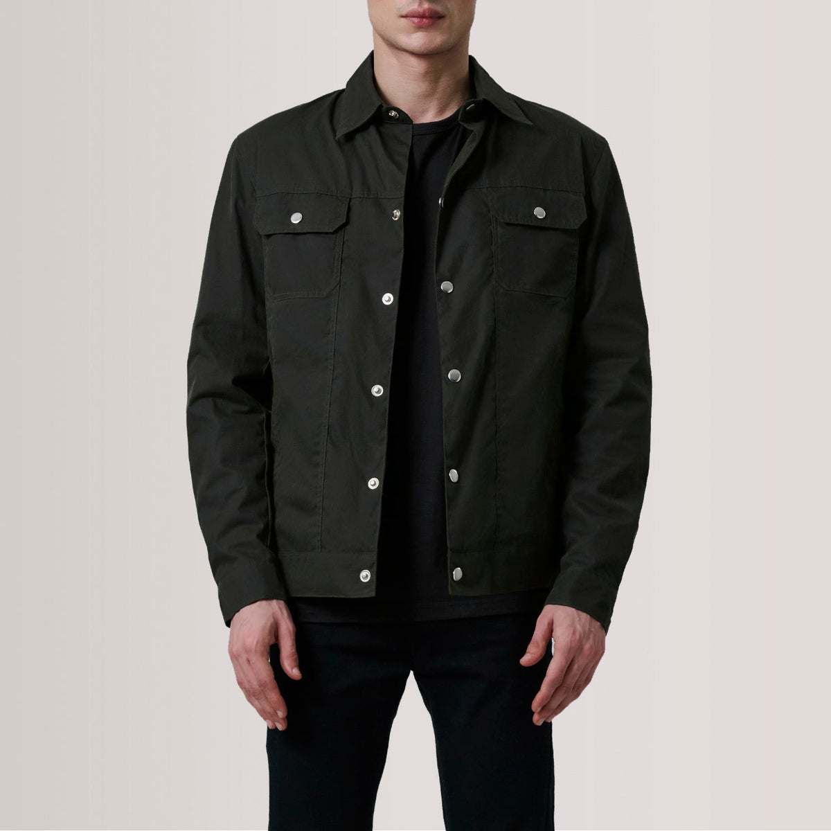 Colberto Olive Waxed Canvas Trucker 真皮夹克 男士 For Men in Olive Waxed Cotton Canvas - Front Profile View &amp; Tailored Silhouette | Buy Online