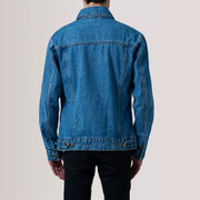 Close-Up Detail of Classic Collar &amp; Heavy-Duty Zipper Hardware on Conard Blue Denim Trucker 真皮夹克 男士 For Men