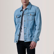 Conard Light Blue Denim Trucker 真皮夹克 男士 For Men in Light Blue Full-Grain Leather - Front Profile View &amp; Tailored Silhouette | Buy Online