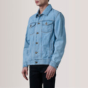 Conard Light Blue Denim Trucker 真皮夹克 男士 For Men - Lateral Side Profile View Showing Sleeve Cut &amp; Athletic Taper Fit