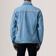 Close-Up Detail of Classic Collar &amp; Heavy-Duty Zipper Hardware on Conard Light Blue Denim Trucker 真皮夹克 男士 For Men