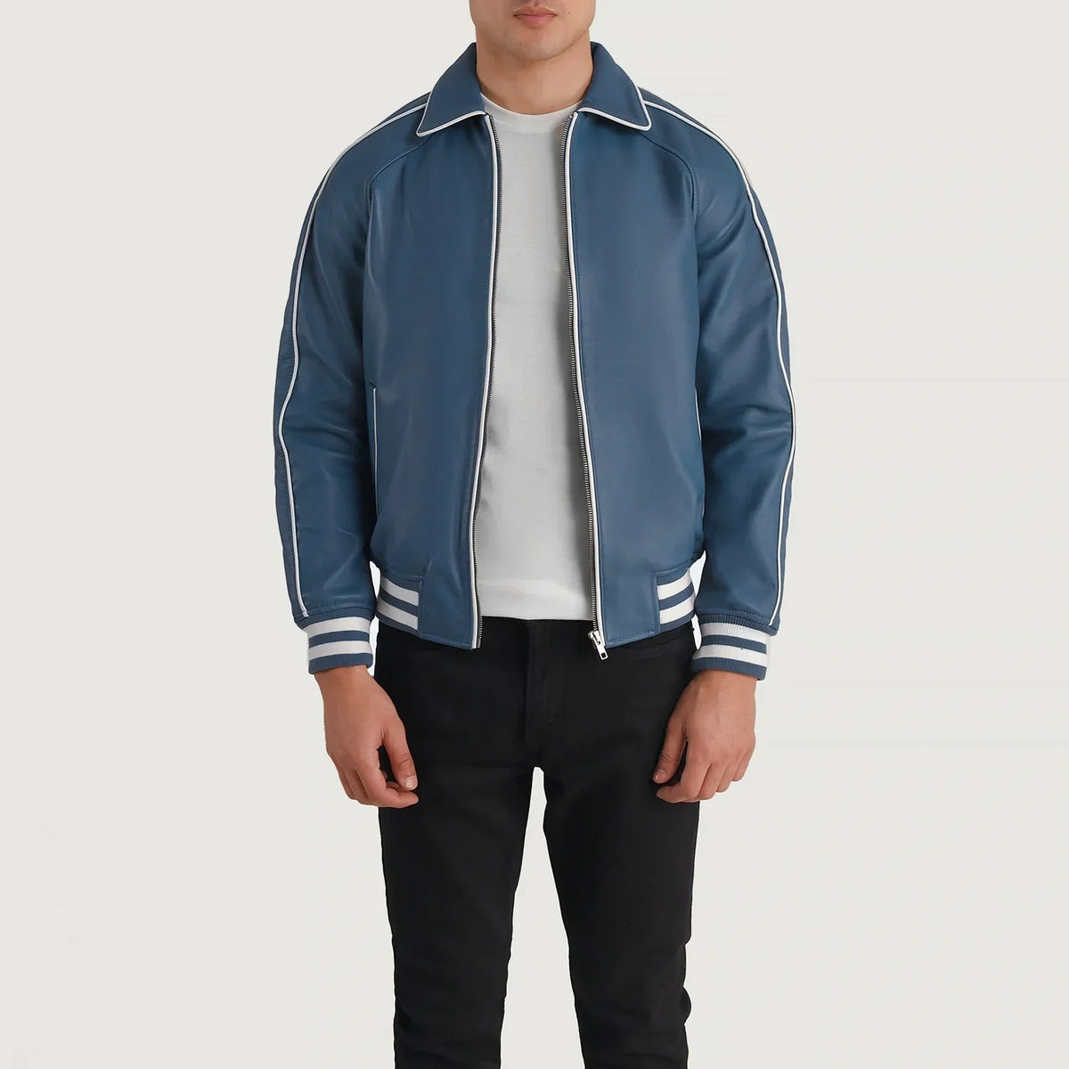 Cooper Blue Leather Varsity 真皮夹克 男士 in Blue Sheepskin Leather - Front Profile View &amp; Tailored Silhouette | Buy Online