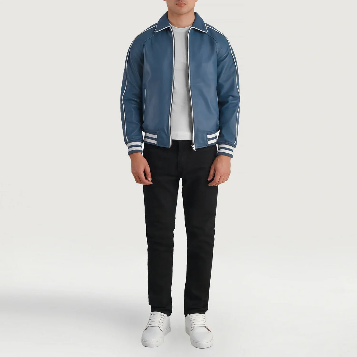 Cooper Blue Leather Varsity 真皮夹克 男士 - Lateral Side Profile View Showing Sleeve Cut &amp; Athletic Taper Fit