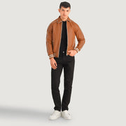 Cooper 浅褐色 棕色 Leather Varsity 真皮夹克 男士 in Tan Brown Sheepskin Leather - Front Profile View &amp; Tailored Silhouette | Buy Online