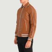 Tan Brown Sheepskin Leather Varsity Jacket - Back View Showing Tailored Shoulder Fit &amp; Clean Hemline