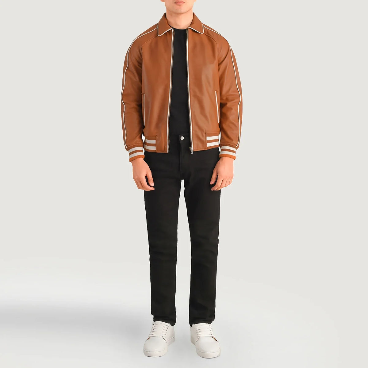 Cooper 浅褐色 棕色 Leather Varsity 真皮夹克 男士 - Lateral Side Profile View Showing Sleeve Cut &amp; Athletic Taper Fit