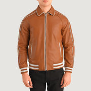 Close-Up Detail of Shirt collar &amp; Zipper Hardware on Cooper 浅褐色 棕色 Leather Varsity 真皮夹克 男士