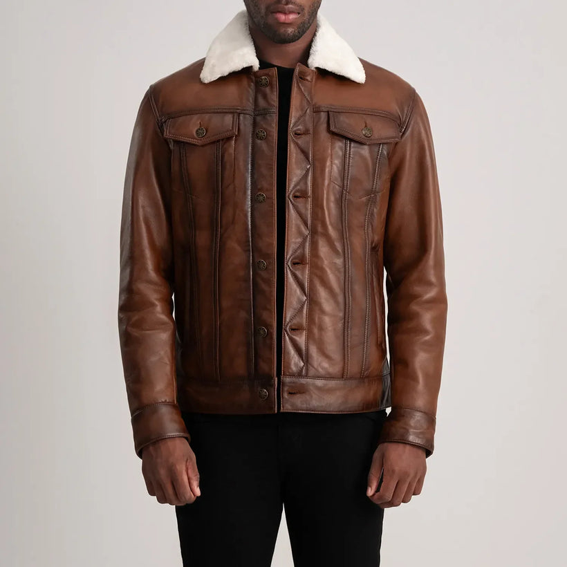 Dallis 棕色 Leather Shearling Trucker 真皮夹克 男士
