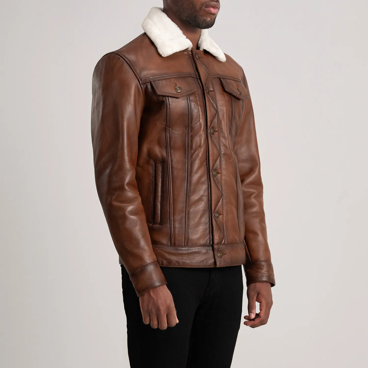 Waxed Brown Sheepskin Leather Aviator Jacket - Back View Showing Tailored Shoulder Fit &amp; Clean Hemline