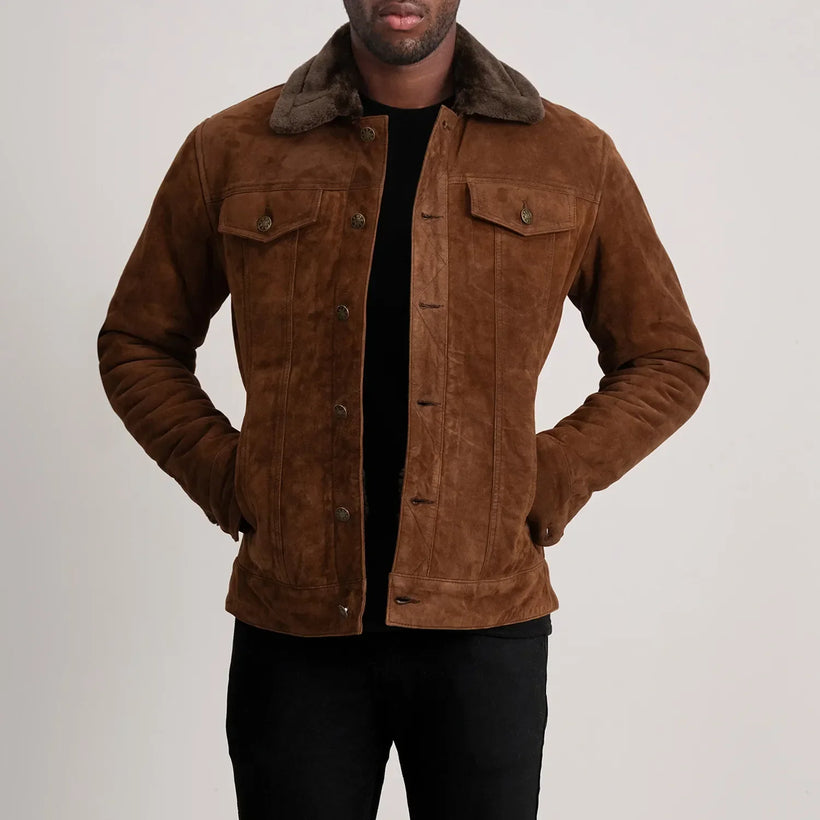 Dallis 棕色 Suede Shearling Trucker 真皮夹克 男士