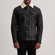 Dallis Tumbled Black Shearling Trucker Jacket in Distressed Black Sheepskin Snuffed - Front Profile View &amp; Tailored Silhouette | Buy Online