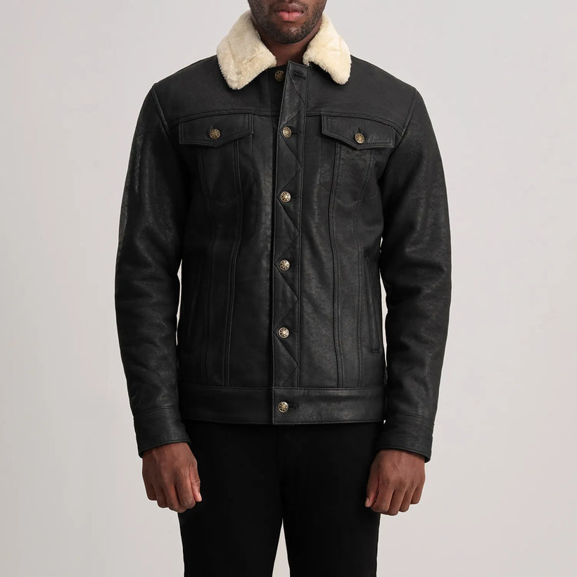 Dallis Distressed 黑色 Leather Shearling Trucker 真皮夹克 男士