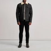 Dallis Tumbled Black Shearling Trucker Jacket - Lateral Side Profile View Showing Sleeve Cut &amp; Athletic Taper Fit