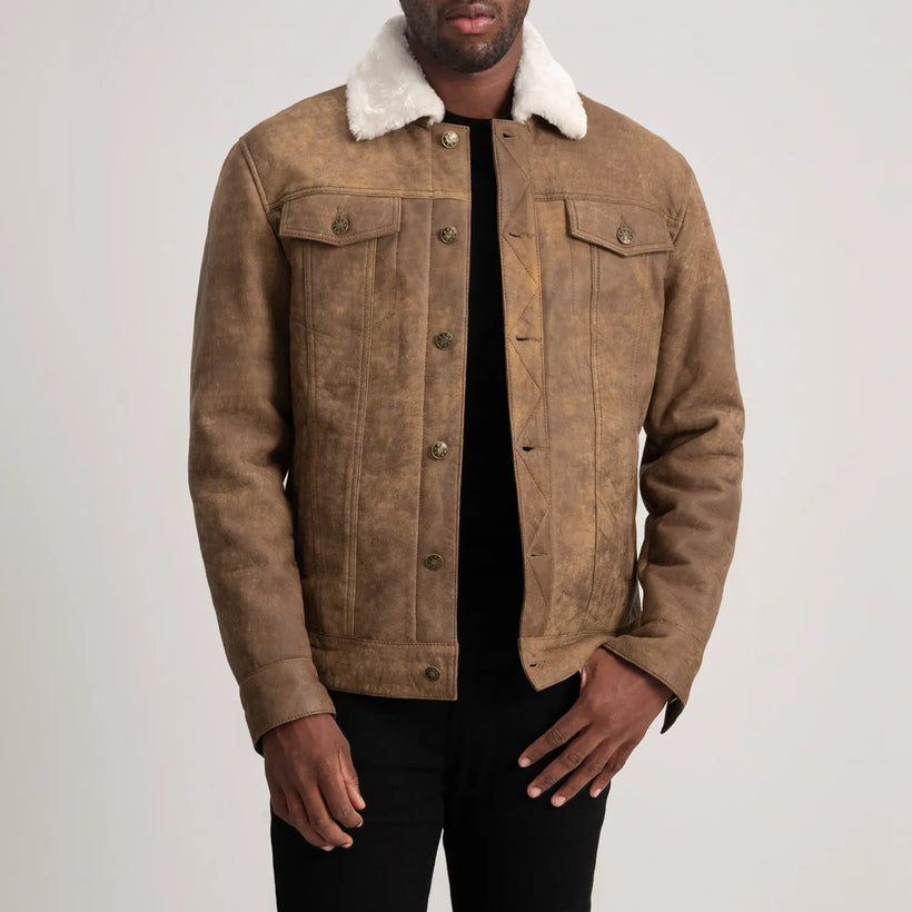 Dallis Distressed 棕色 Leather Shearling Trucker 真皮夹克 男士