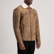 
Distressed Brown Sheepskin Snuffed Aviator Jacket - 展现肩线贴合与利落下摆的背部视角