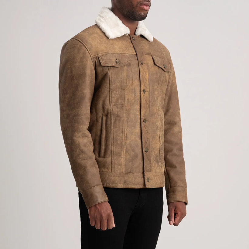 Dallis Distressed 棕色 Leather Shearling Trucker 真皮夹克 男士