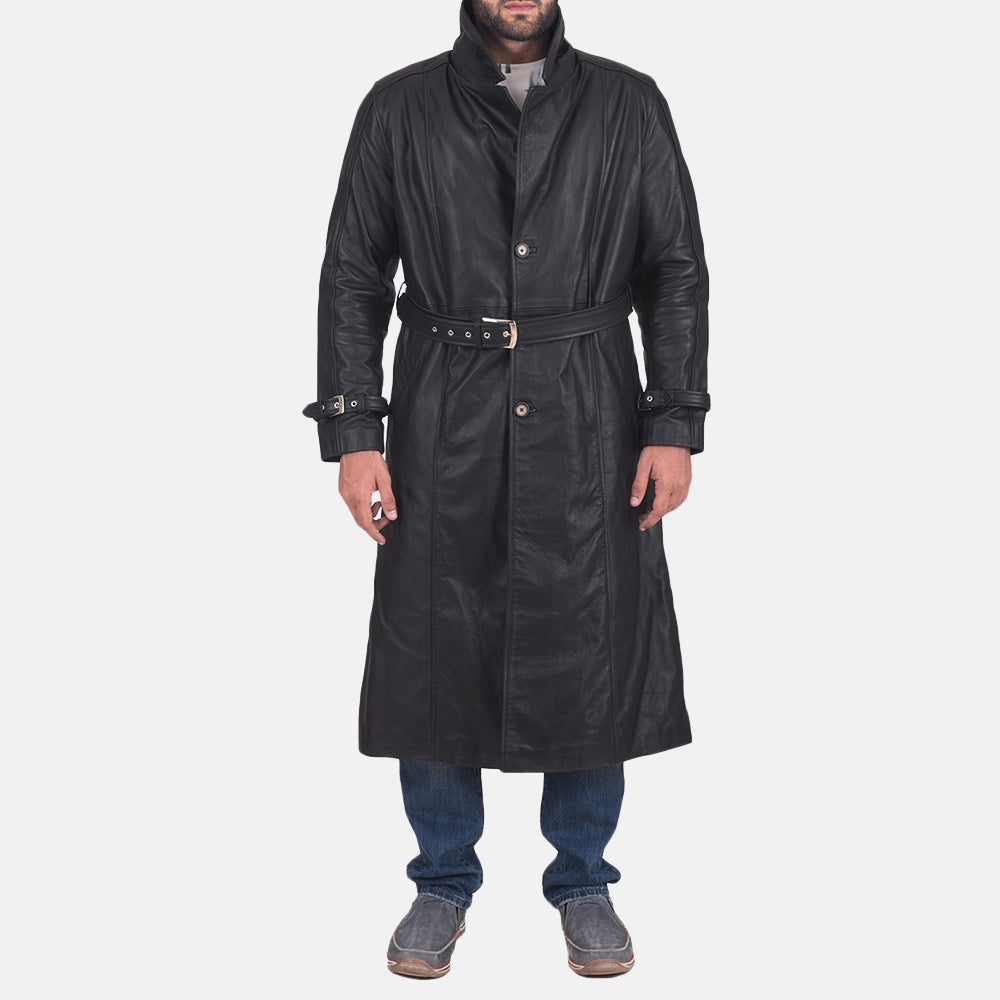 Men's Daniel 黑色 真皮长款风衣 男士 in Black Cowhide Leather - Front Profile View &amp; Tailored Silhouette | Buy Online
