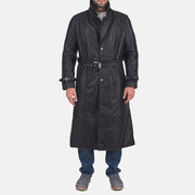 Men's Daniel 黑色 真皮长款风衣 男士 in Black Cowhide Leather - Front Profile View &amp; Tailored Silhouette | Buy Online