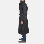 Men's Daniel 黑色 真皮长款风衣 男士 - Lateral Side Profile View Showing Sleeve Cut &amp; Athletic Taper Fit