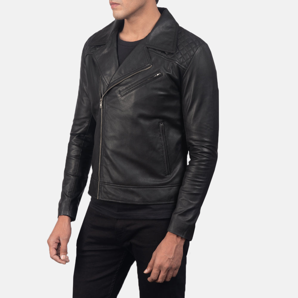 Distressed Brown Goatskin Leather Biker Jacket - 展现肩线贴合与利落下摆的背部视角