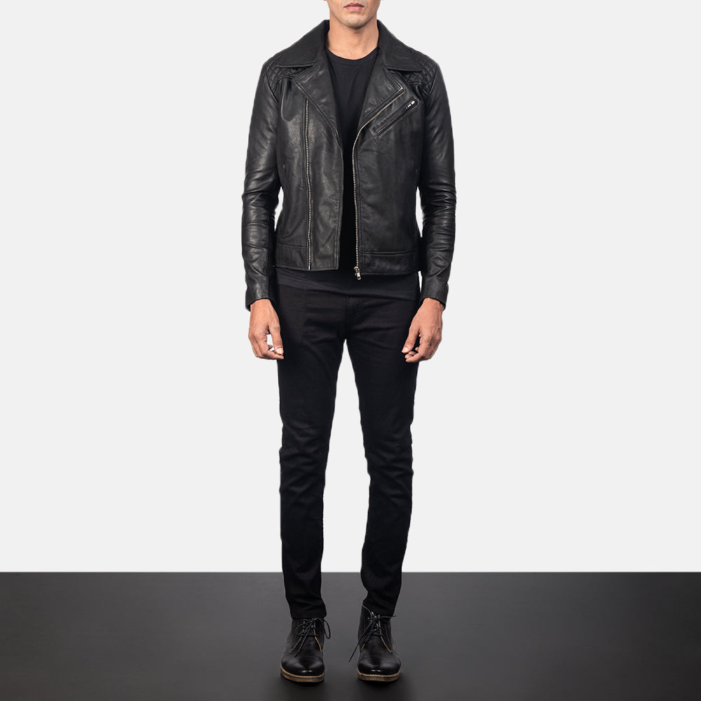 细节特写 of Notch & Zipper Hardware on Danny Quilted Brown Leather Biker Jacket