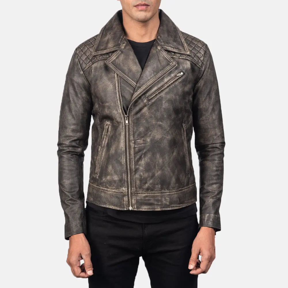 
手工下摆与精工缝制细节 Danny Quilted Brown Leather Biker Jacket