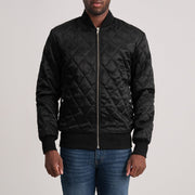
Danson 菱格压线 经典黑 Varsity 真皮夹克 男士 in Black Satin - 正面版型与定制立体剪裁轮廓 | 官方商城选购