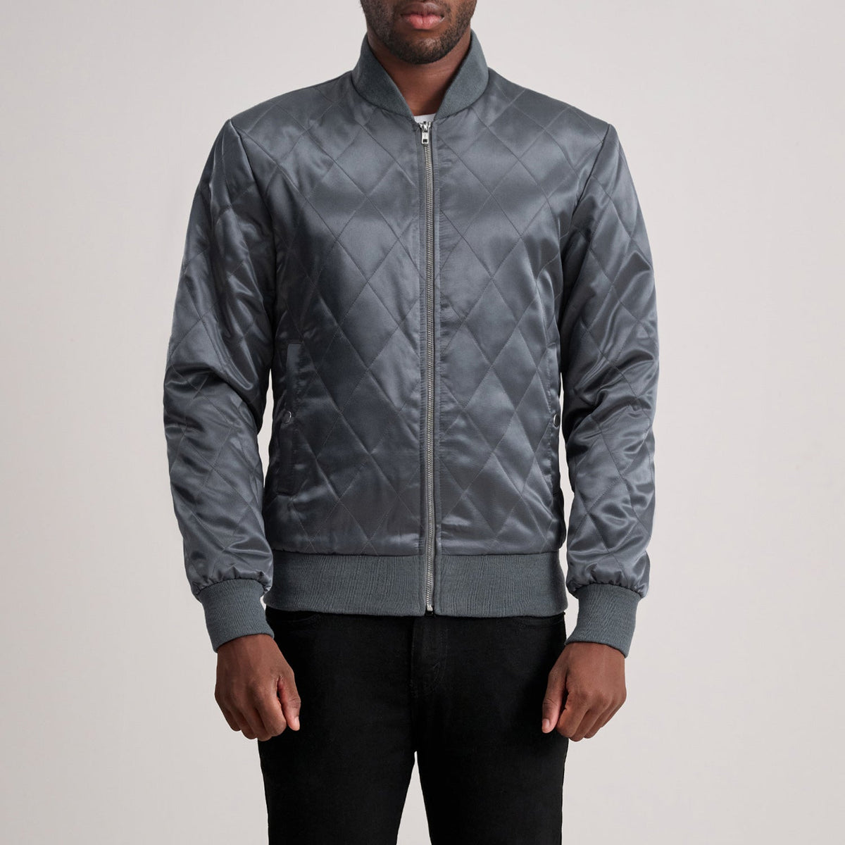 Danson Quilted Grey Varsity 真皮夹克 男士 in Grey Satin - Front Profile View &amp; Tailored Silhouette | Buy Online