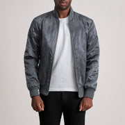 Danson Quilted Grey Varsity 真皮夹克 男士 - Lateral Side Profile View Showing Sleeve Cut &amp; Athletic Taper Fit