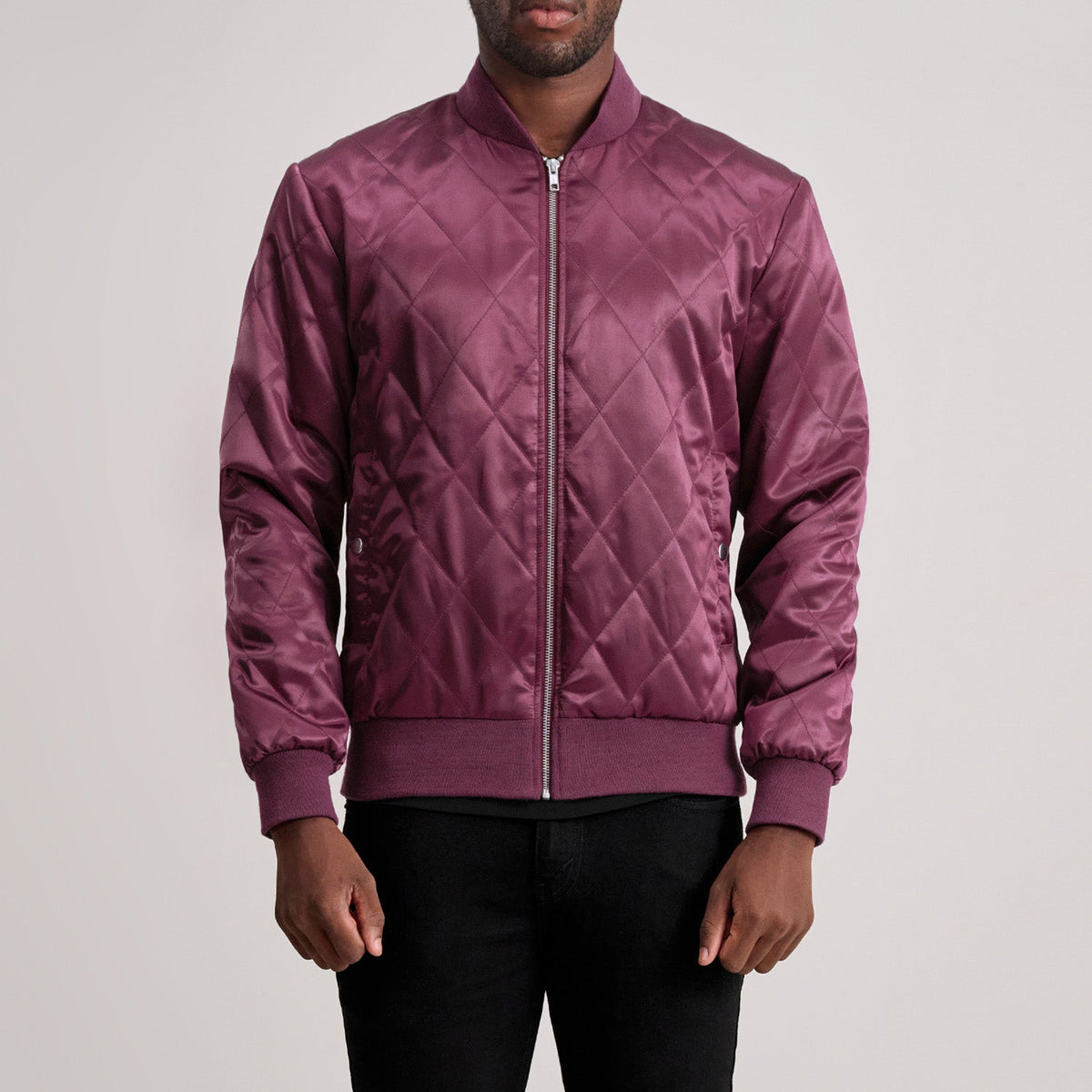 Danson Quilted Maroon Varsity 真皮夹克 男士 in Maroon Satin - Front Profile View &amp; Tailored Silhouette | Buy Online