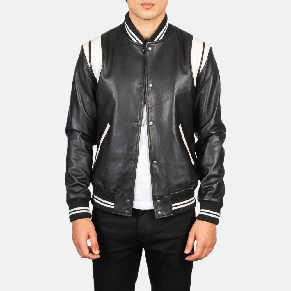 Men's Dantee 黑色 Leather Varsity 真皮夹克 男士 in Black &amp; White Sheepskin Leather - Front Profile View &amp; Tailored Silhouette | Buy Online