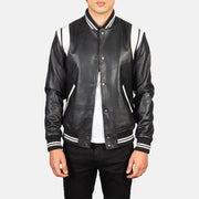 Men's Dantee 黑色 Leather Varsity 真皮夹克 男士 in Black &amp; White Sheepskin Leather - Front Profile View &amp; Tailored Silhouette | Buy Online