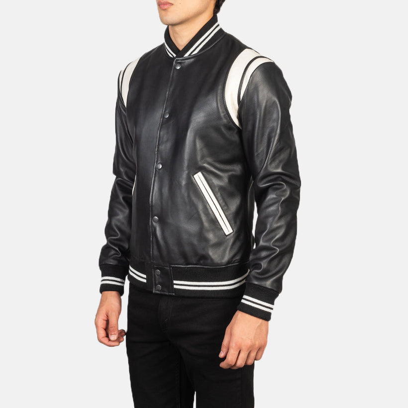 Dantee 黑色 Leather Varsity 真皮夹克 男士