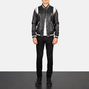 Men's Dantee 黑色 Leather Varsity 真皮夹克 男士 - Lateral Side Profile View Showing Sleeve Cut &amp; Athletic Taper Fit