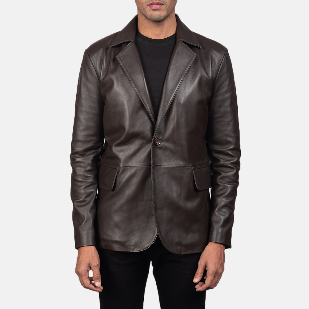 Daron 棕色 真皮西装外套 男士 in Brown Sheepskin Leather - Front Profile View &amp; Tailored Silhouette | Buy Online
