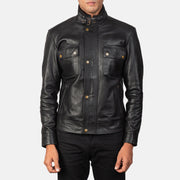 Men's Darren Black Leather Biker Jacket in Black 100% Full-Grain Leather - Front Profile View &amp; Tailored Silhouette | Buy Online